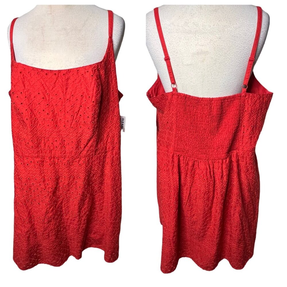 Old Navy Coral Orange Eyelet Mini Dress 3X Pockets Adj Straps Lined Embroidered